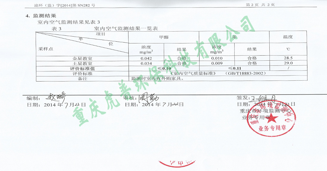 重庆除甲醛监测报告